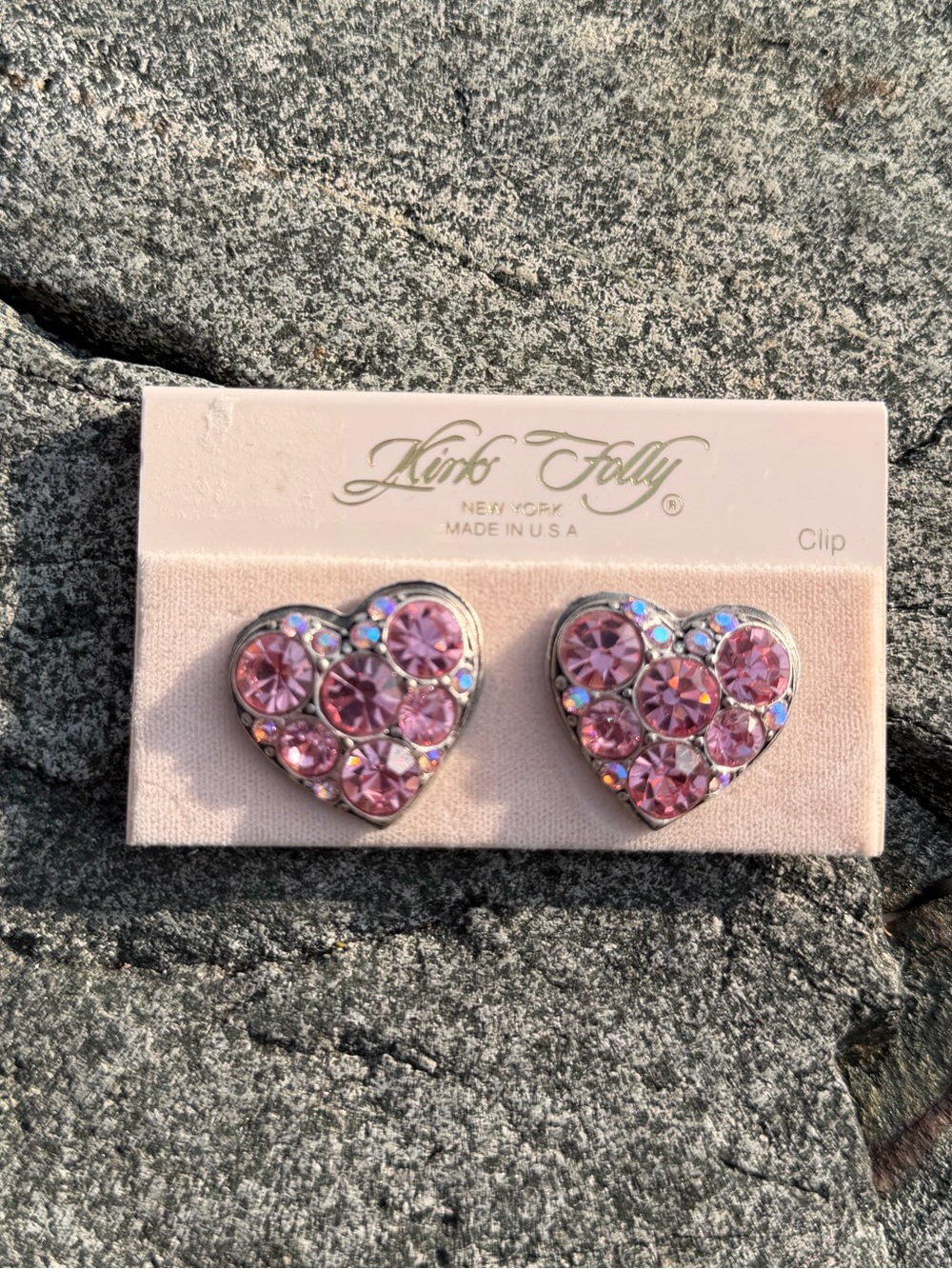 New Kirk's Folly Pink Crystal Heart Large Clip-On Earrings